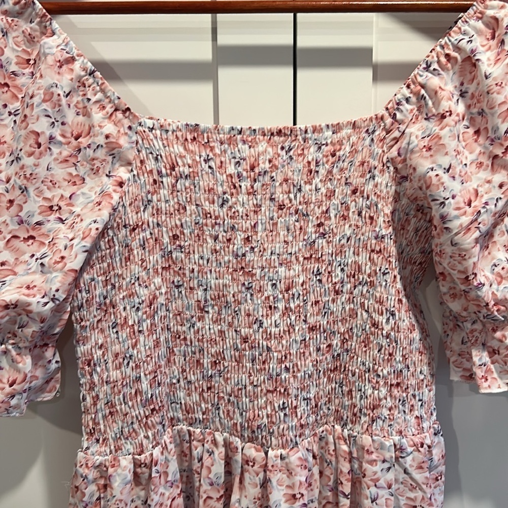 Floral Pink Long Maxi Smocked Dress Ruffle Sleeves Size Small - Picture 2 of 6